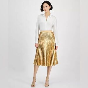 NWT T Tahari Women's Sequined Pleated Midi Skirt, Elegant Gold Pleated Skirt